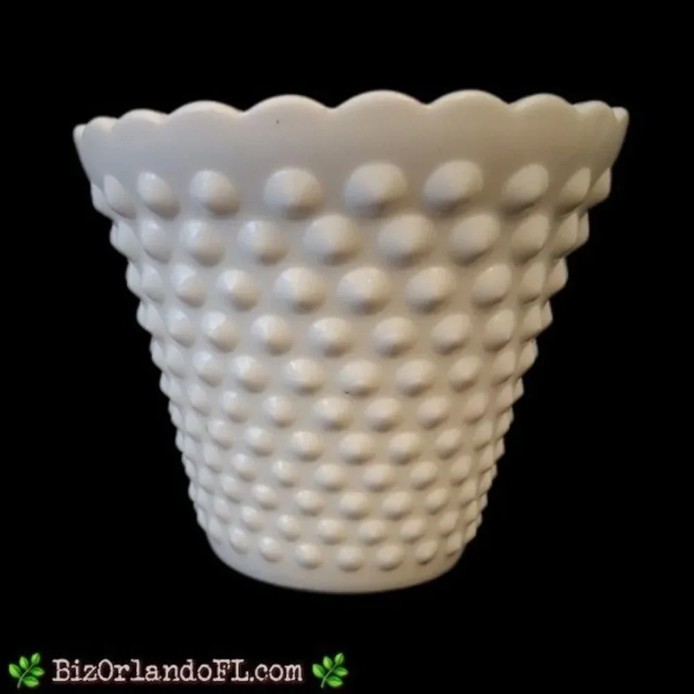 VINTAGE: Fenton Round White Milk Glass Hobnail Planter Jardiniere Scalloped Rim
